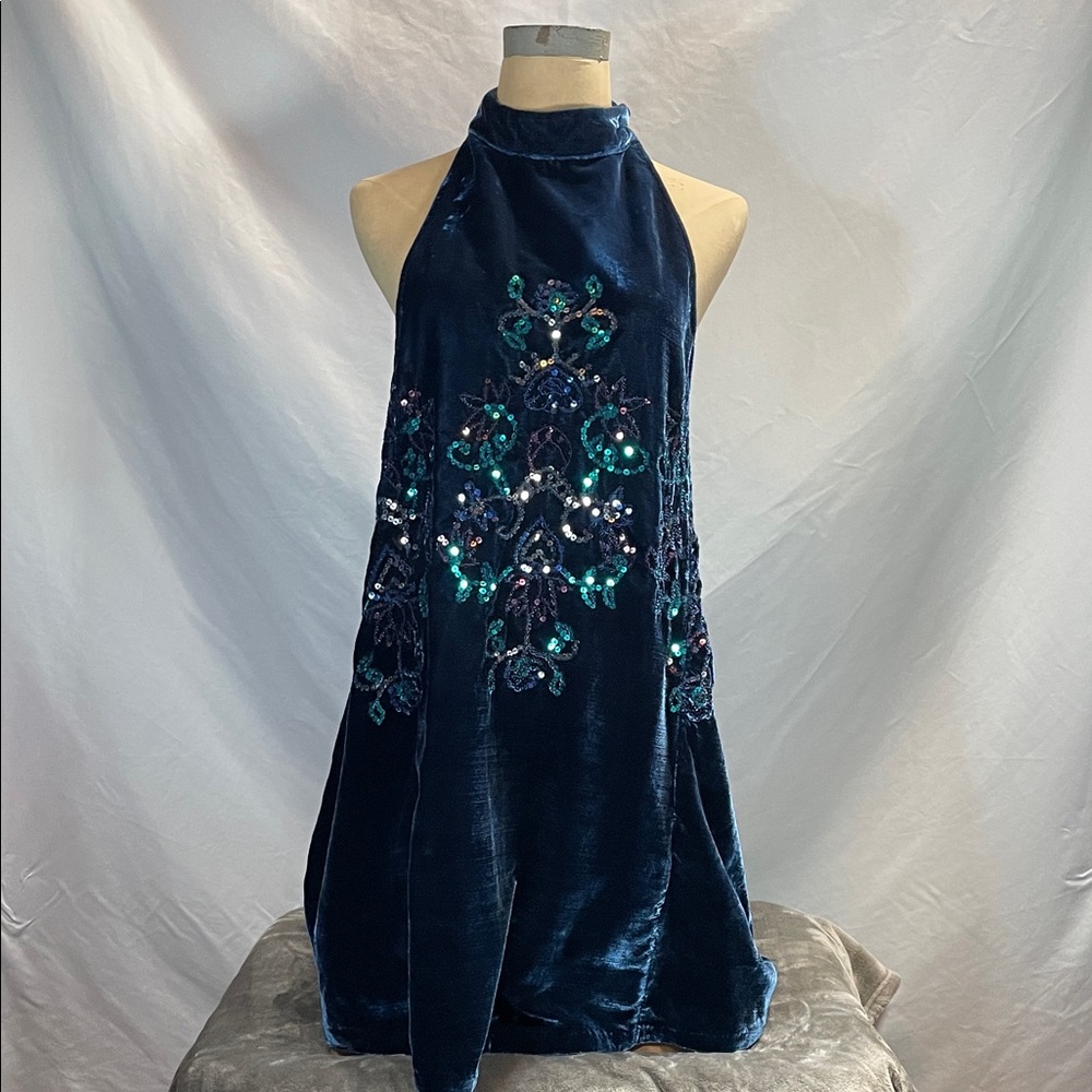 Free People Deep Blue Velvet Sleeveless Mini Dress with Sequin Details